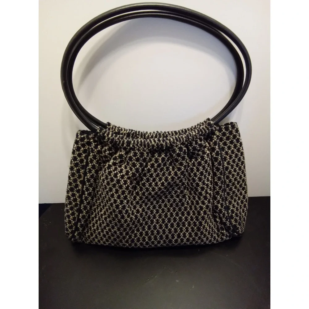 Valerie Stevens Black Cream Diamond Knit Hobo Bag Circular Handle Shoulder Purse